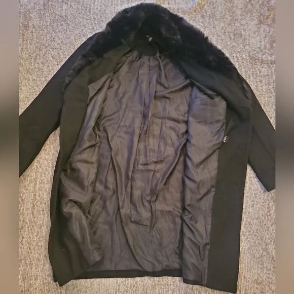 boohooMAN Double Breasted Wool Overcoat With Faux Fur Trim In Black